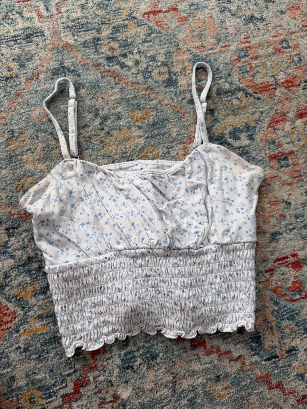 Hollister White and Light Blue Floral Smocked Crop Top